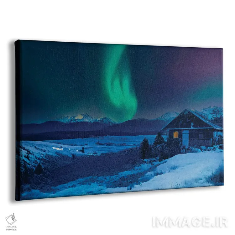 تابلو کلبه کوهستانی زمستانی و شفق قطبی اثر دن اسپرول - نمای پرسپکتیو محصول