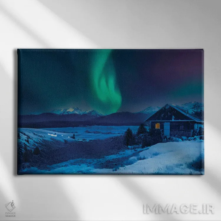 تابلو کلبه کوهستانی زمستانی و شفق قطبی اثر دن اسپرول - نمای روبهرو روی دیوار