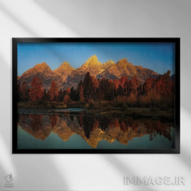 تابلو انعکاس پاییزی بافتدار در تتونها اثر دن اسپرول - نمای قابدار مشکی