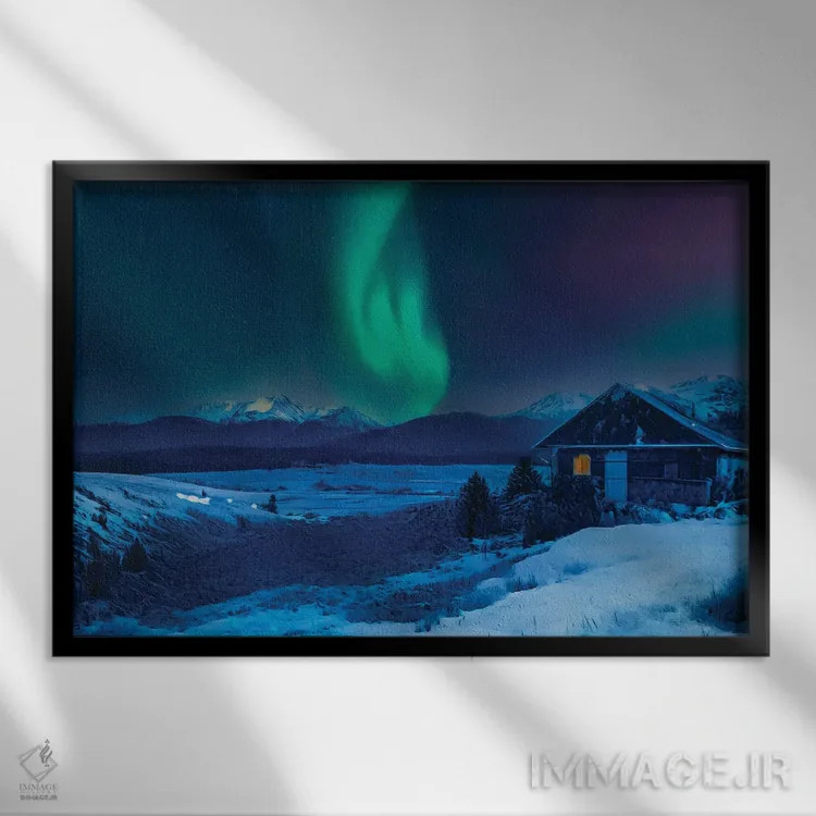 تابلو کلبه کوهستانی زمستانی و شفق قطبی اثر دن اسپرول - نمای قابدار مشکی