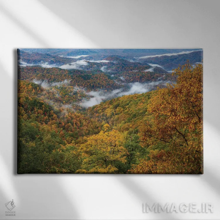 تابلو رنگهای پاییزی و مه برخواسته در اسموکیها اثر دن اسپرول - نمای روبهرو روی دیوار