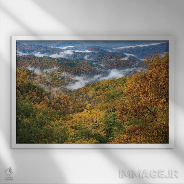 تابلو رنگهای پاییزی و مه برخواسته در اسموکیها اثر دن اسپرول - نمای قابدار سفید