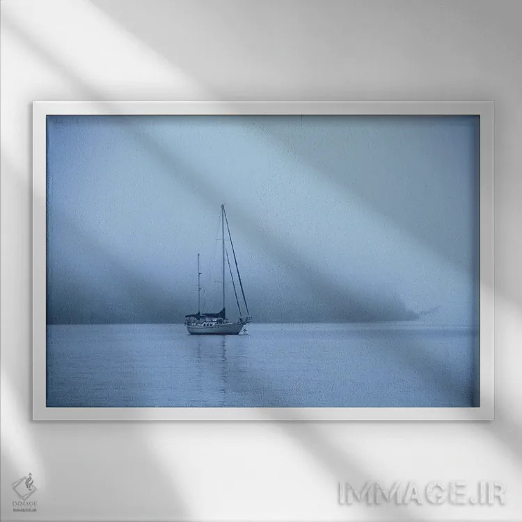 تابلو قایق بادبانی در مه صبحگاهی اثر دن اسپرول - نمای قابدار سفید