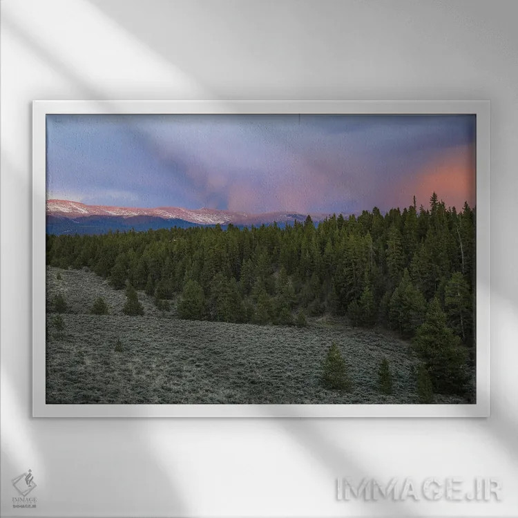 تابلو غروب طبیعت بکر کوه مسیو اثر دن اسپرول - نمای قابدار سفید