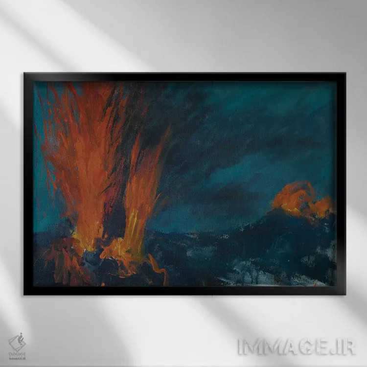 تابلو فوران استرومبولی (آتشفشان در ایتالیا) اثر باورا آسهوا - نمای قابدار مشکی