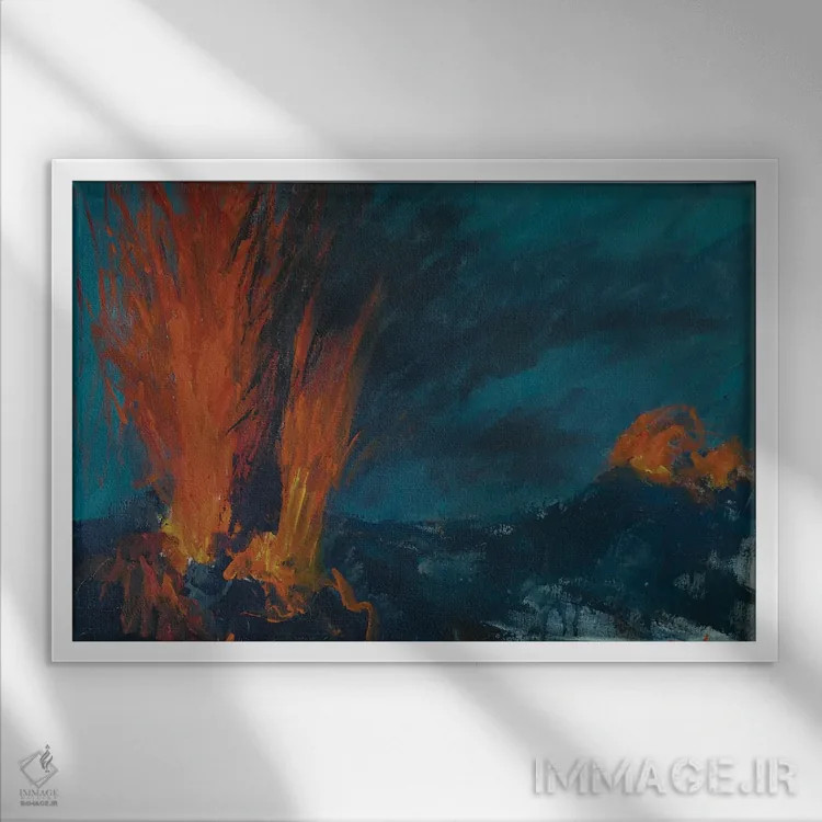 تابلو فوران استرومبولی (آتشفشان در ایتالیا) اثر باورا آسهوا - نمای قابدار سفید