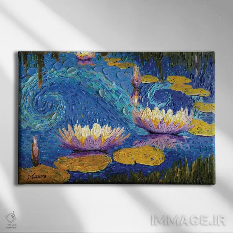 تابلو برکه سوسنهای بنفش اثر دنا تولفسون - نمای روبهرو روی دیوار