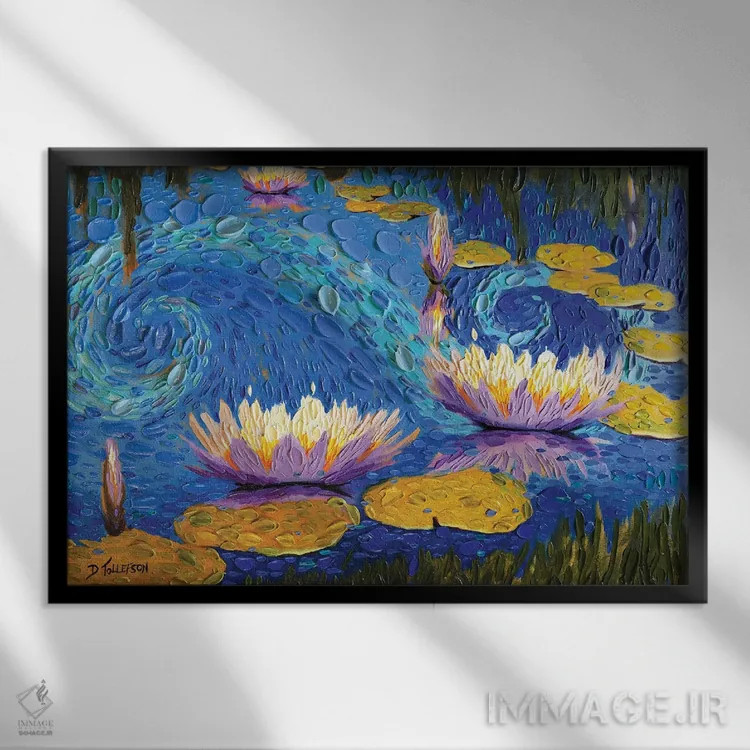 تابلو برکه سوسنهای بنفش اثر دنا تولفسون - نمای قابدار مشکی