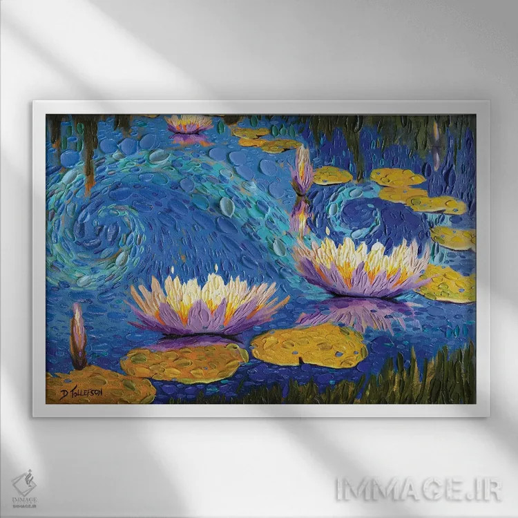 تابلو برکه سوسنهای بنفش اثر دنا تولفسون - نمای قابدار سفید