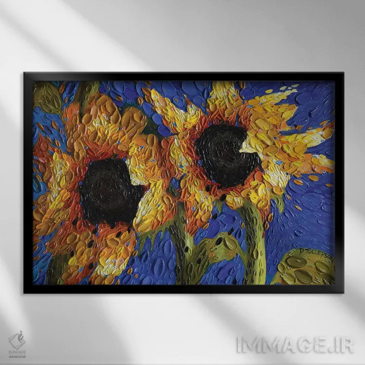 تابلو آفتابگردانهای آسمان کبالت اثر دنا تولفسون - نمای قابدار مشکی