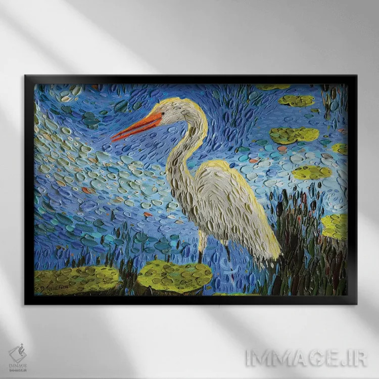 تابلو برکه اگرت (پرنده ماهیخور سفید) اثر دنا تولفسون - نمای قابدار مشکی