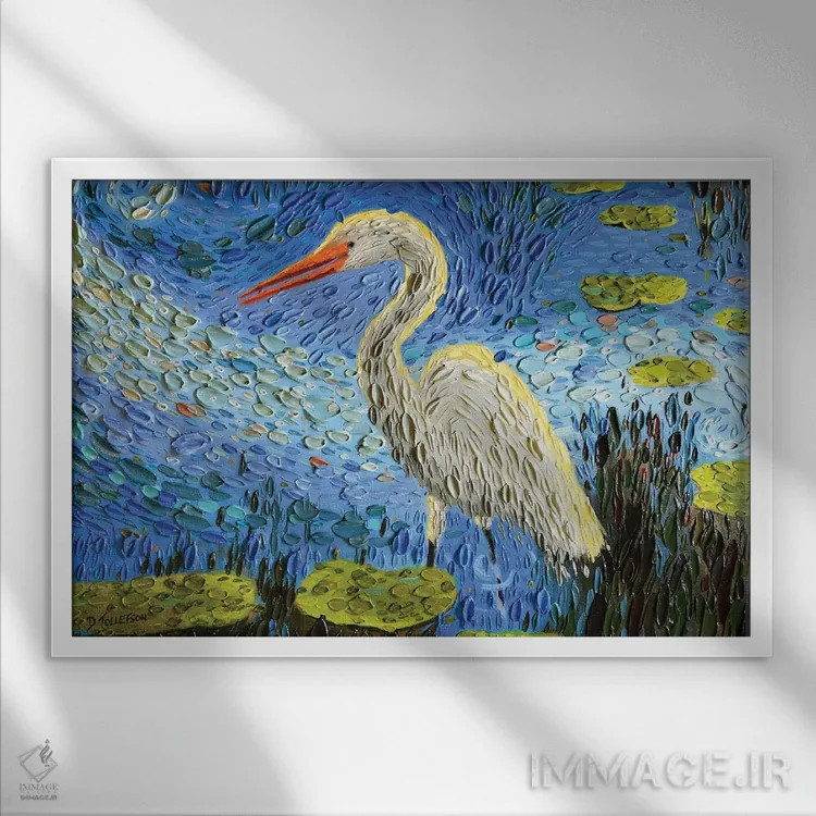 تابلو برکه اگرت (پرنده ماهیخور سفید) اثر دنا تولفسون - نمای قابدار سفید