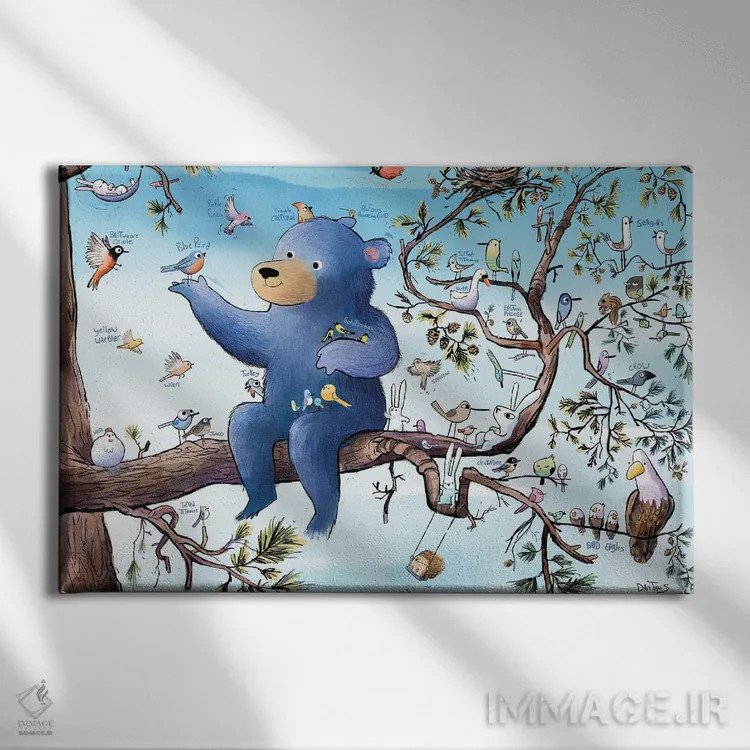تابلو پرندگان، خرگوشها و خرس اثر دن تاویس - نمای روبهرو روی دیوار