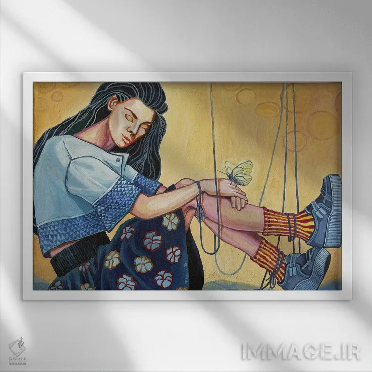 تابلو عروسک خیمهشببازی خوابیده اثر دیانا تیتووا - نمای قابدار سفید