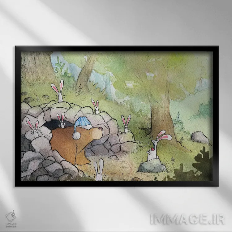 تابلو خرگوشها، ساعت زنگدار طبیعت اثر دن تاویس - نمای قابدار مشکی