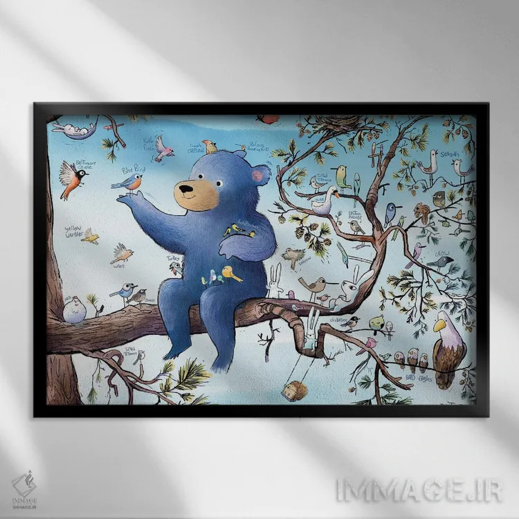 تابلو پرندگان، خرگوشها و خرس اثر دن تاویس - نمای قابدار مشکی
