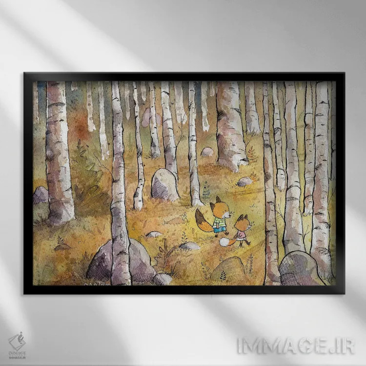 تابلو پیادهروی در جنگل اثر دن تاویس - نمای قابدار مشکی