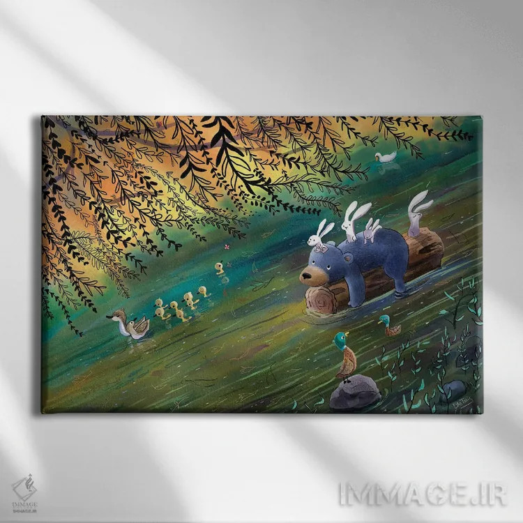 تابلو سواری خرس و خرگوشها در رودخانه اثر دن تاویس - نمای روبهرو روی دیوار