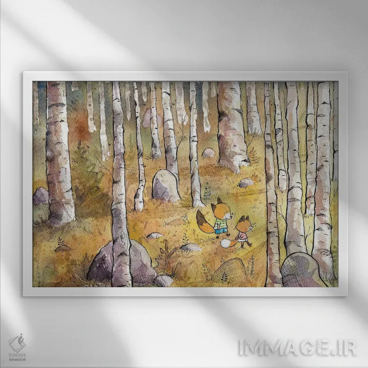 تابلو پیادهروی در جنگل اثر دن تاویس - نمای قابدار سفید