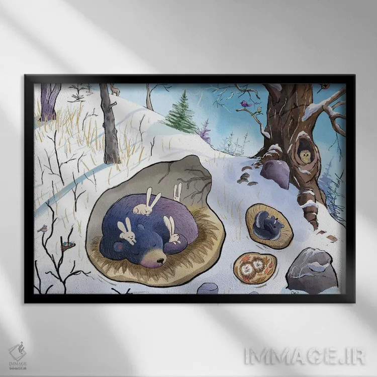 تابلو خرس خوابیده اثر دن تاویس - نمای قابدار مشکی