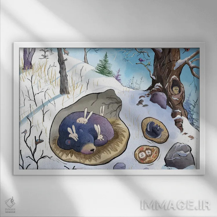 تابلو خرس خوابیده اثر دن تاویس - نمای قابدار سفید