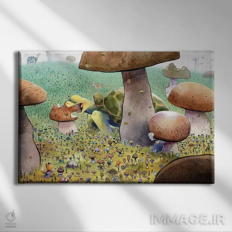 تابلو لاکپشتها در جنگل قارچها اثر دن تاویس - نمای روبهرو روی دیوار