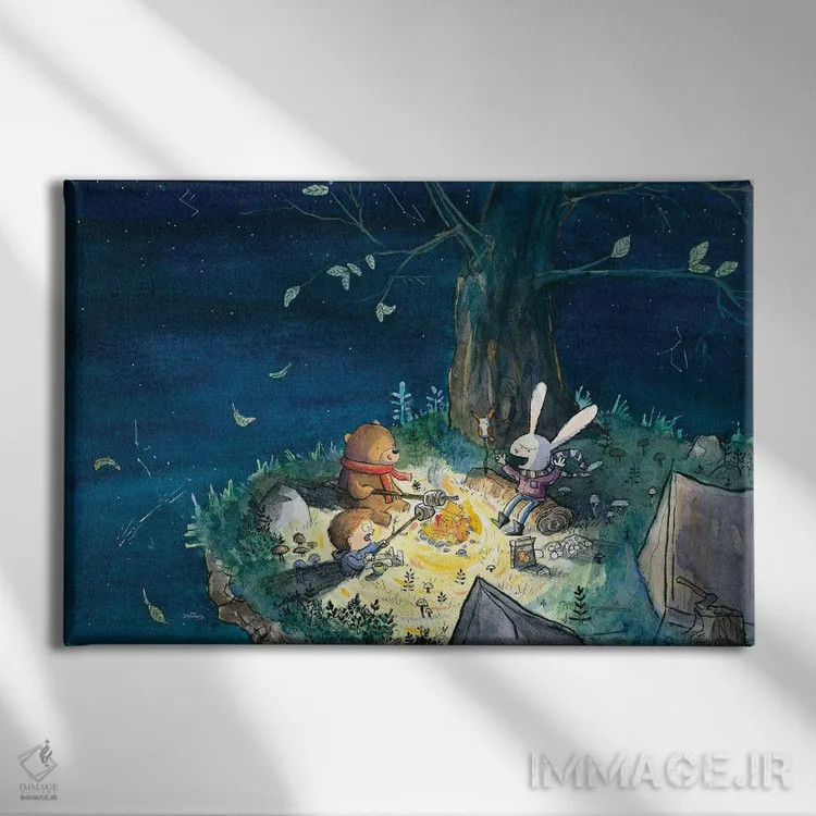 تابلو شب پرستاره کنار آتش اثر دن تاویس - نمای روبهرو روی دیوار