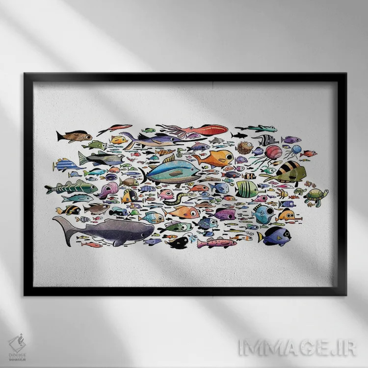 تابلو ماهیها همه جا هستند اثر دن تاویس - نمای قابدار مشکی