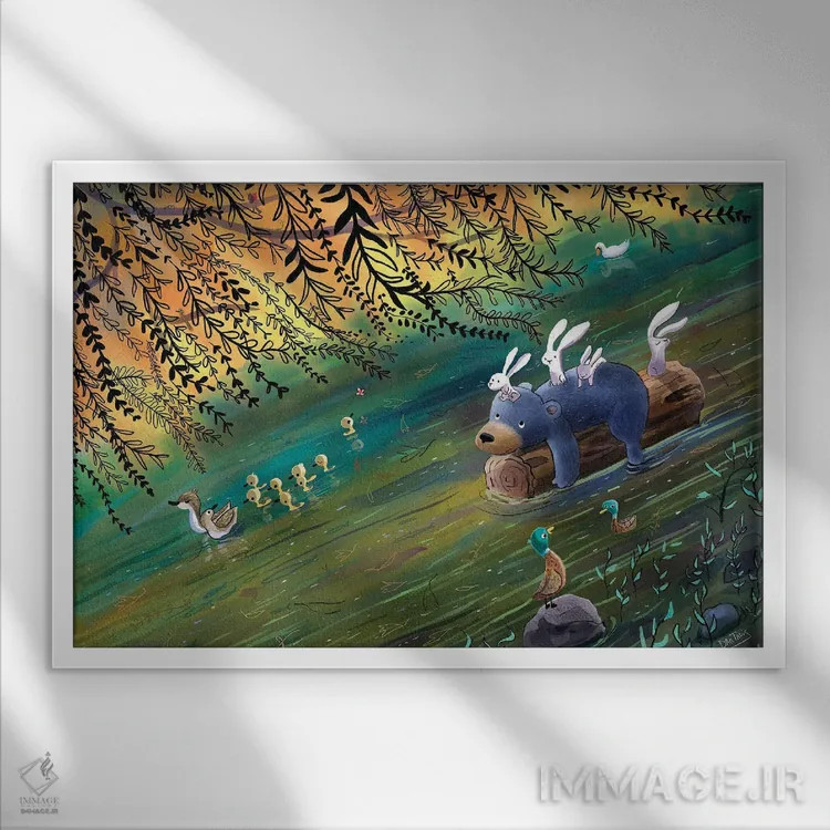 تابلو سواری خرس و خرگوشها در رودخانه اثر دن تاویس - نمای قابدار سفید