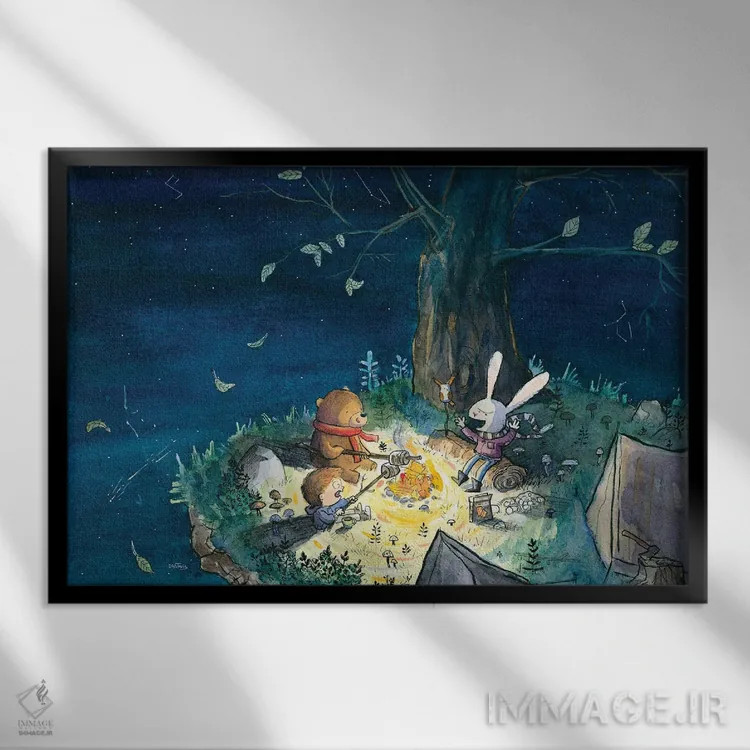 تابلو شب پرستاره کنار آتش اثر دن تاویس - نمای قابدار مشکی