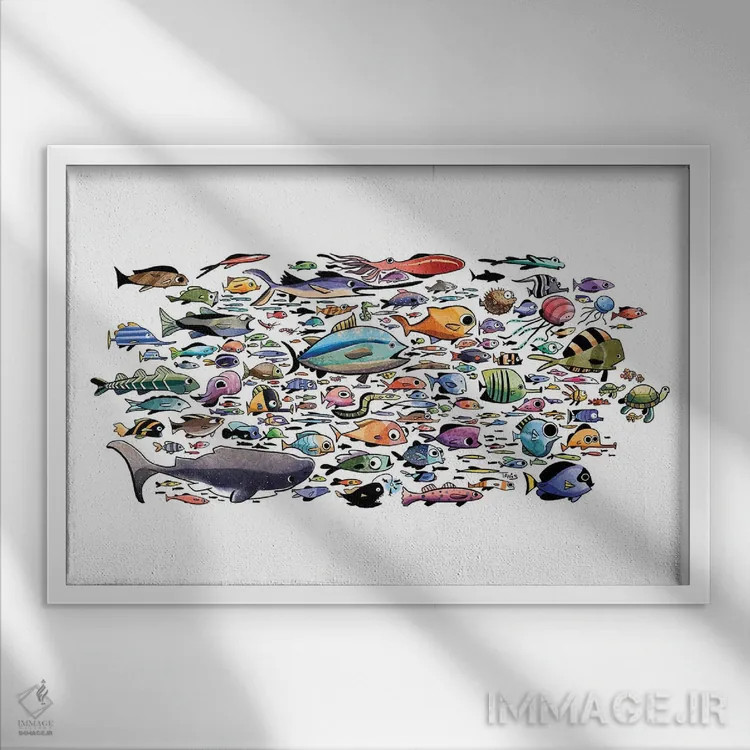 تابلو ماهیها همه جا هستند اثر دن تاویس - نمای قابدار سفید