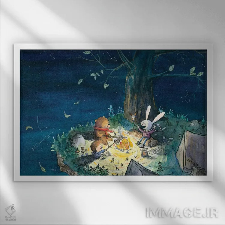 تابلو شب پرستاره کنار آتش اثر دن تاویس - نمای قابدار سفید