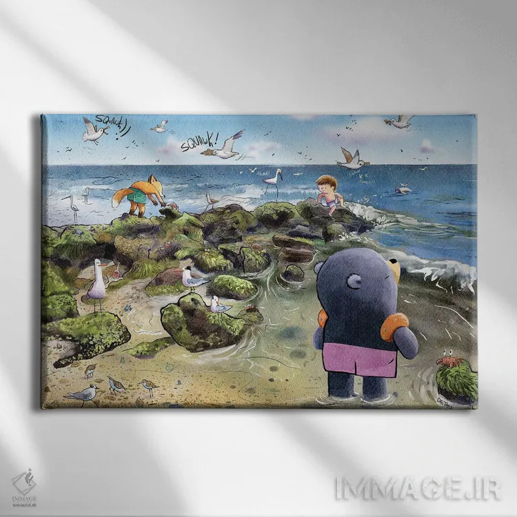 تابلو روز ساحل با دوستان اثر دن تاویس - نمای روبهرو روی دیوار
