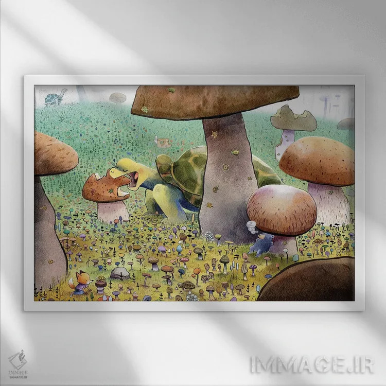 تابلو لاکپشتها در جنگل قارچها اثر دن تاویس - نمای قابدار سفید