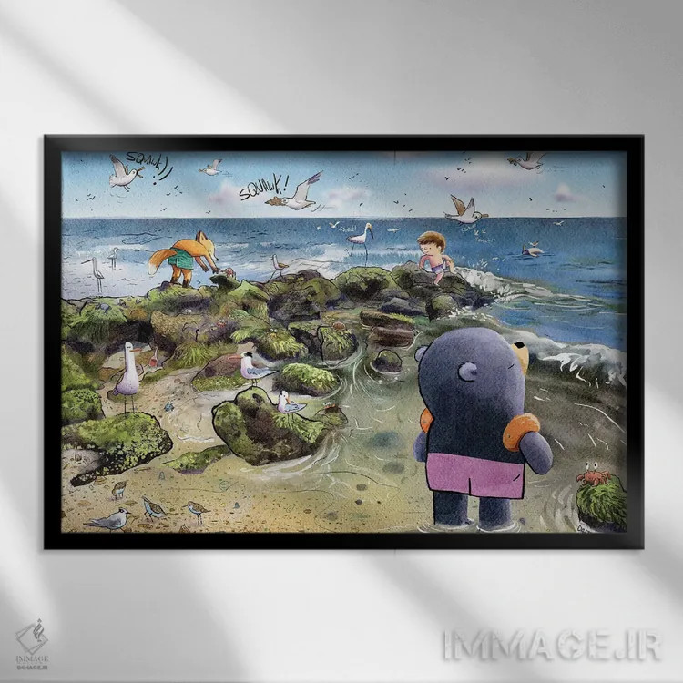تابلو روز ساحل با دوستان اثر دن تاویس - نمای قابدار مشکی