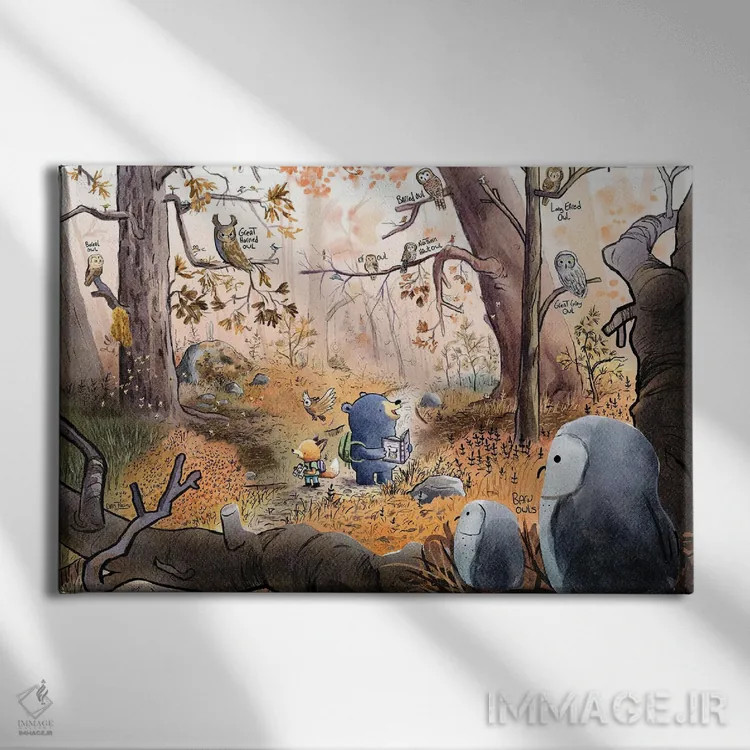 تابلو جغدها در پاییز اثر دن تاویس - نمای روبهرو روی دیوار