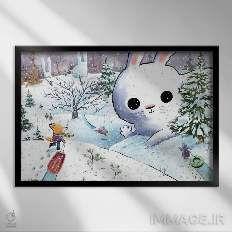 تابلو تپه سورتمهسواری زمستانی اثر دن تاویس - نمای قابدار مشکی