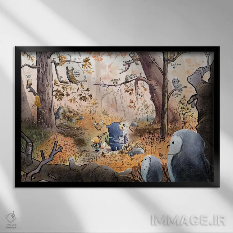 تابلو جغدها در پاییز اثر دن تاویس - نمای قابدار مشکی