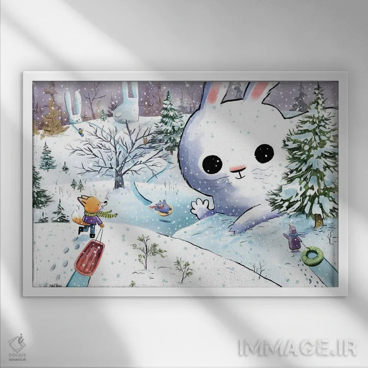 تابلو تپه سورتمهسواری زمستانی اثر دن تاویس - نمای قابدار سفید