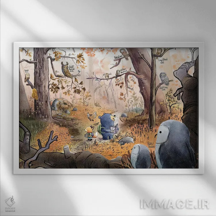 تابلو جغدها در پاییز اثر دن تاویس - نمای قابدار سفید