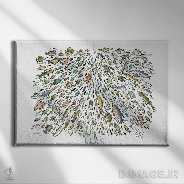 تابلو ماهیهای زیاد آب شیرین اثر دن تاویس - نمای روبهرو روی دیوار