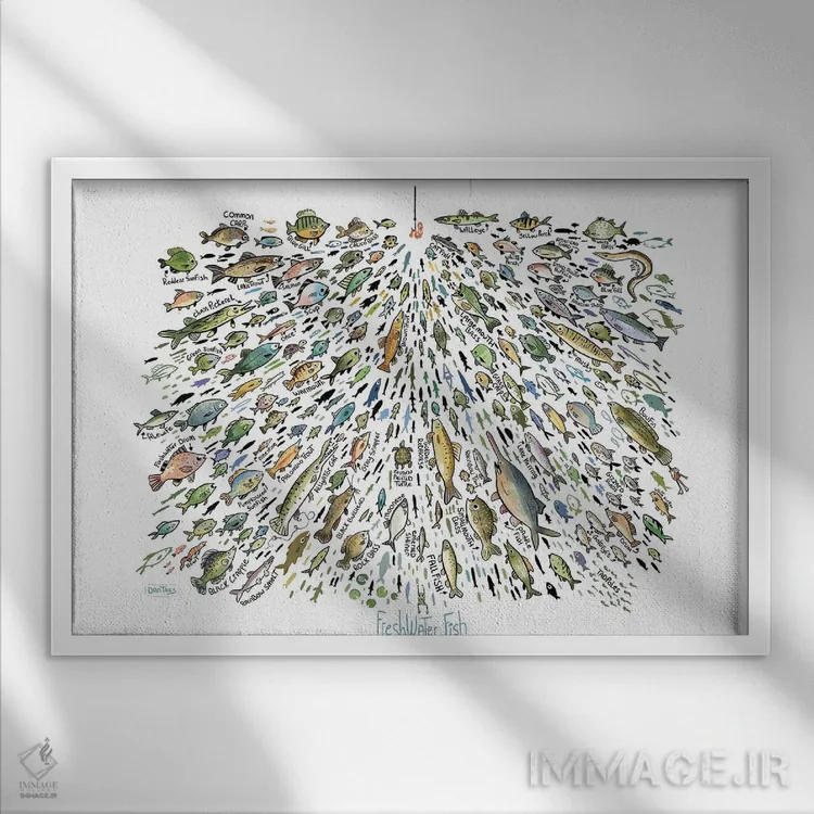 تابلو ماهیهای زیاد آب شیرین اثر دن تاویس - نمای قابدار سفید