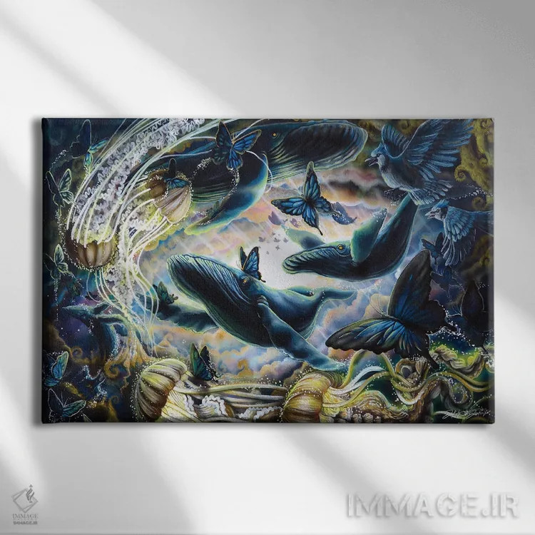 تابلو چشمهایت را ببند، زندگی دریایی اثر دکوتا دیتویلر - نمای روبهرو روی دیوار