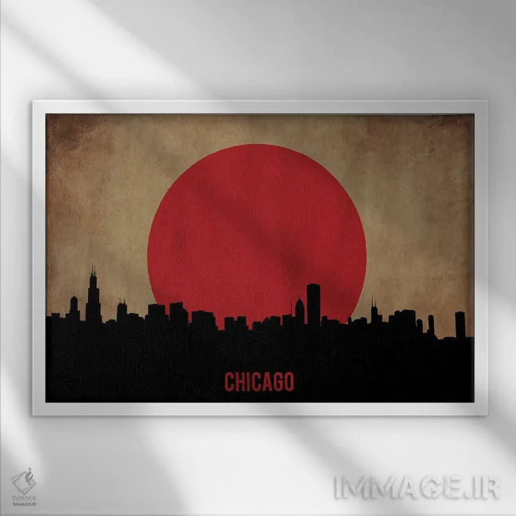 تابلو منظرهٔ شهری شیکاگو (اسکایلاین) اثر دورو آرت (استودیو هنری) - نمای قابدار سفید