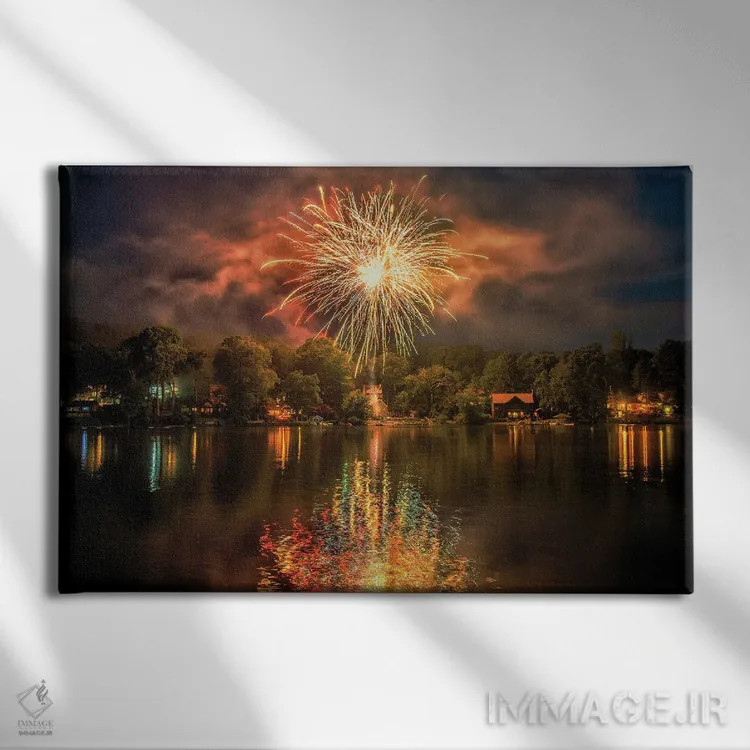تابلو آتشبازی بر فراز دریاچه اثر دیوید گارباورر - نمای روبهرو روی دیوار