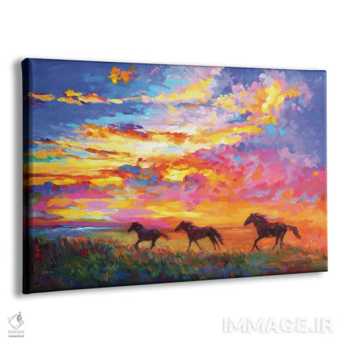 تابلو اسبهای وحشی در حال دویدن هنگام غروب آفتاب اثر لئون دوونیس - نمای پرسپکتیو محصول