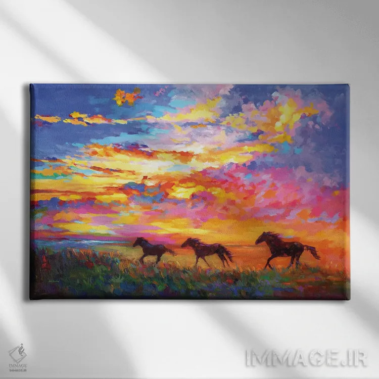 تابلو اسبهای وحشی در حال دویدن هنگام غروب آفتاب اثر لئون دوونیس - نمای روبهرو روی دیوار