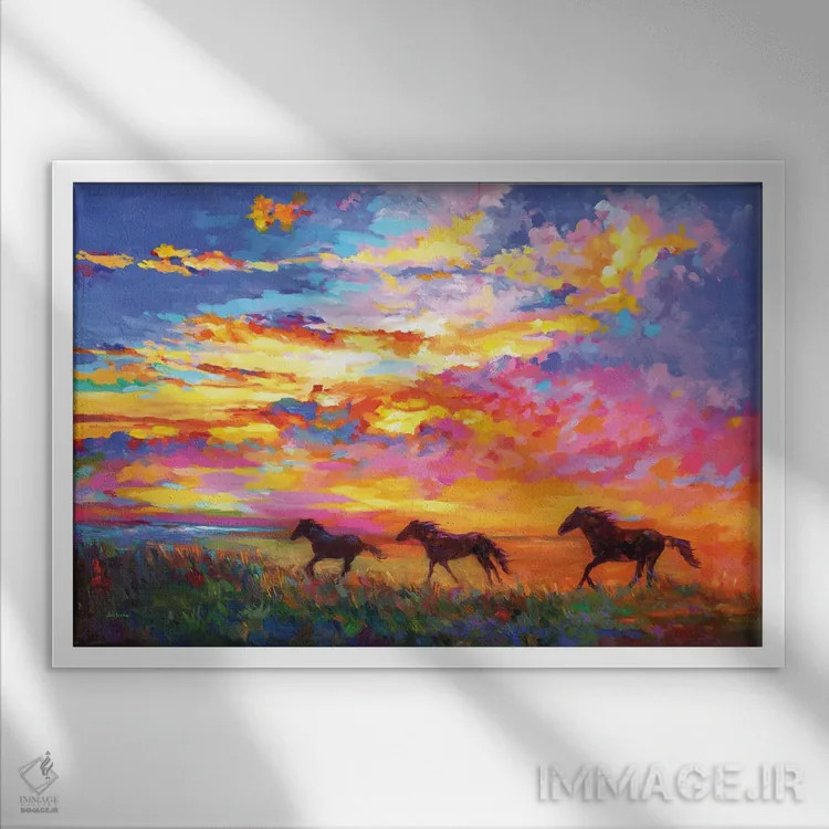 تابلو اسبهای وحشی در حال دویدن هنگام غروب آفتاب اثر لئون دوونیس - نمای قابدار سفید