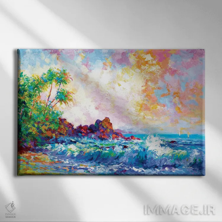 تابلو Hawaii,امواج ساحلی و نخلها در هونولولو، هاوایی اثر لئون دوونیس - نمای روبهرو روی دیوار