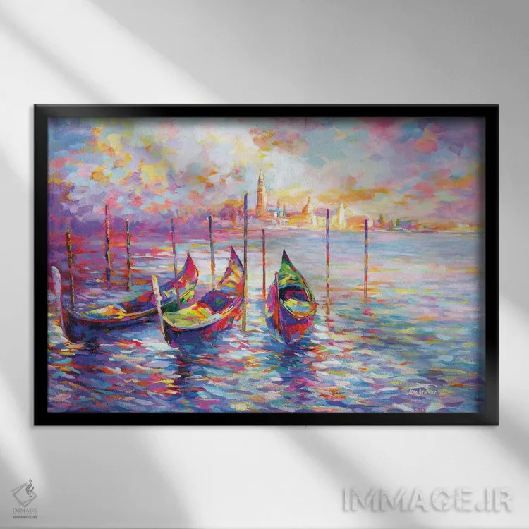 تابلو Italy,گوندولاها در کانال بزرگ و کلیسای سن جورجیو ماجوره در ونیز، ایتالیا اثر لئون دوونیس - نمای قابدار مشکی